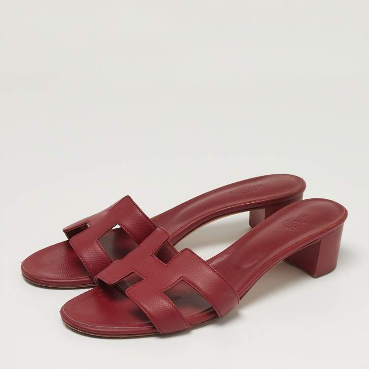Pre Owned Hermes Oran Size 41 Burgundy Leather Block Heel Slide Sandals