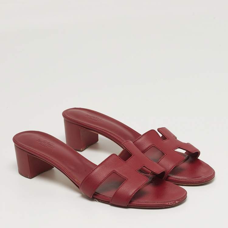 Pre Owned Hermes Oran Size 41 Burgundy Leather Block Heel Slide Sandals