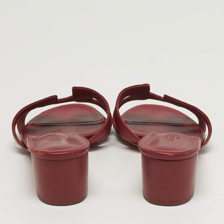 Pre Owned Hermes Oran Size 41 Burgundy Leather Block Heel Slide Sandals