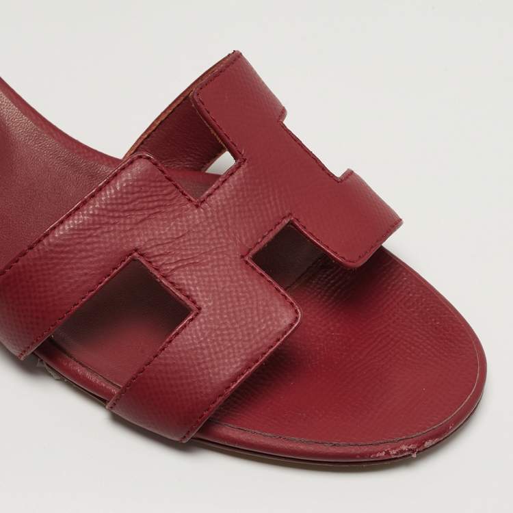 Pre Owned Hermes Oran Size 41 Burgundy Leather Block Heel Slide Sandals