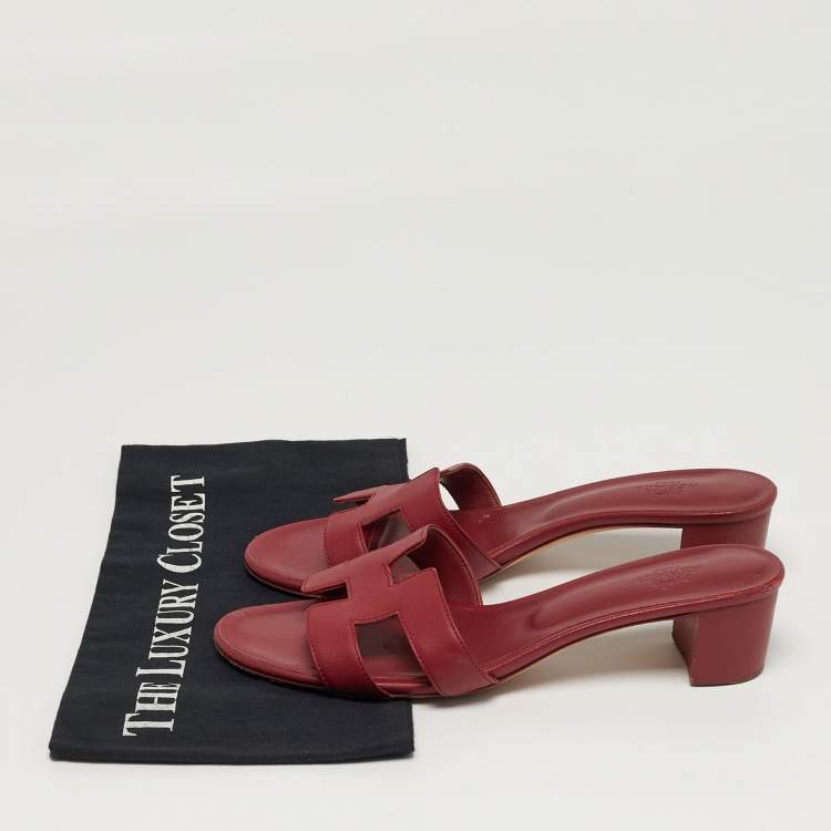 Pre Owned Hermes Oran Size 41 Burgundy Leather Block Heel Slide Sandals