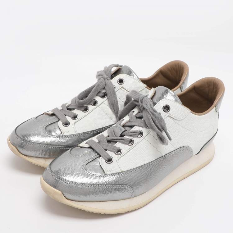 Pre Owned Hermes H Logo Size 39 Metallic/White Leather Lace Up Sneakers