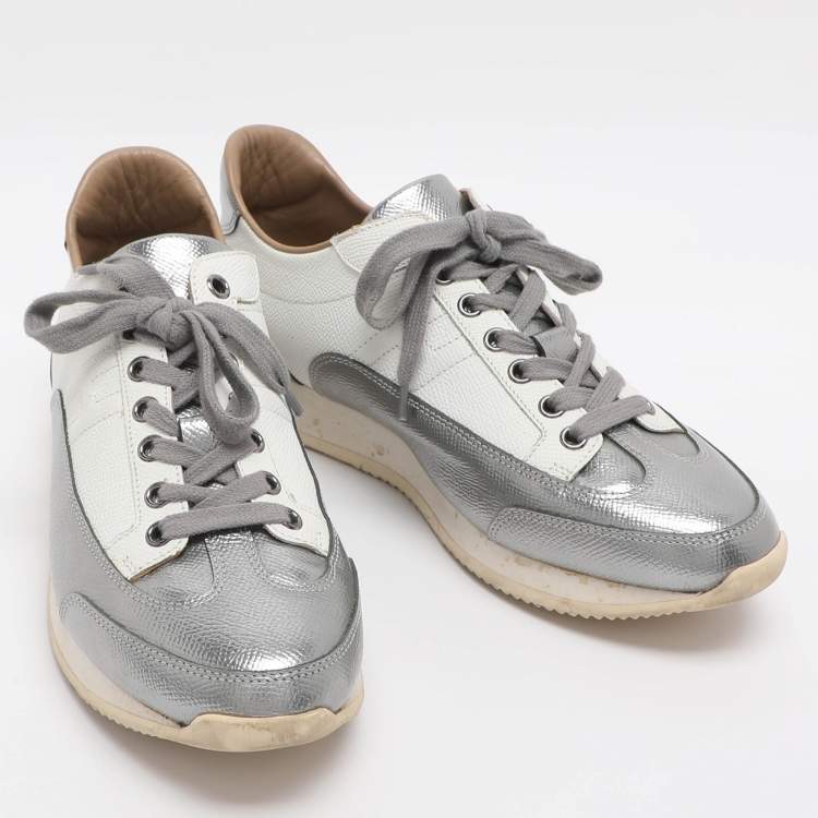 Pre Owned Hermes H Logo Size 39 Metallic/White Leather Lace Up Sneakers