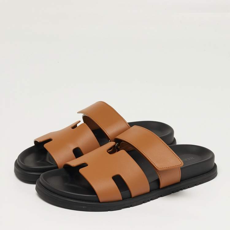 Pre Owned Hermes Chypre Size 39.5 Brown Leather Flat Sandals