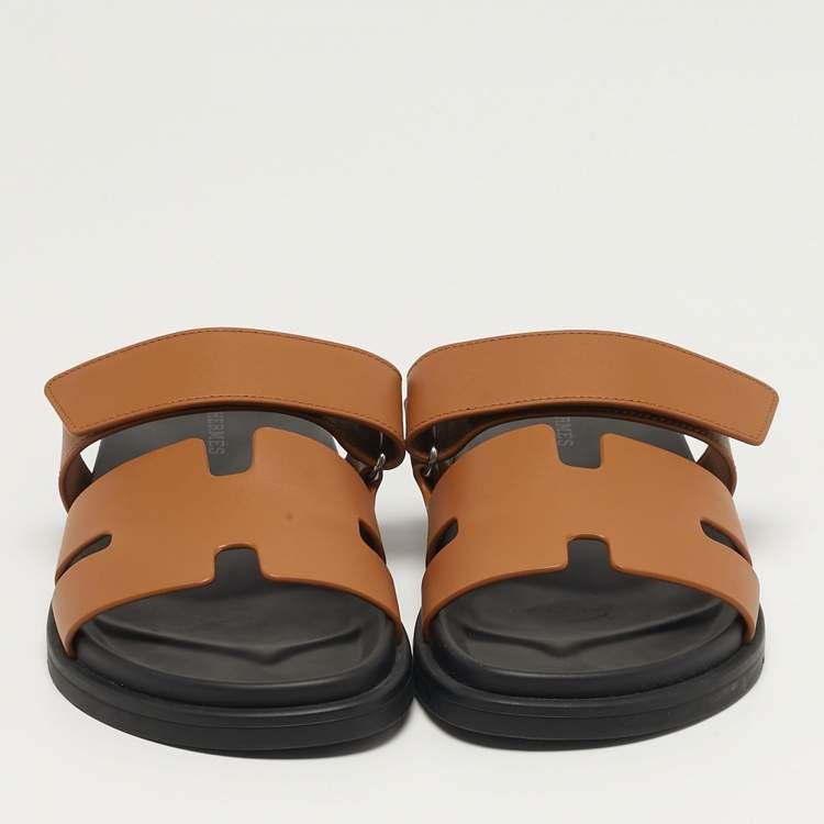 Pre Owned Hermes Chypre Size 39.5 Brown Leather Flat Sandals