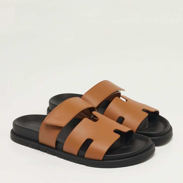 Pre Owned Hermes Chypre Size 39.5 Brown Leather Flat Sandals