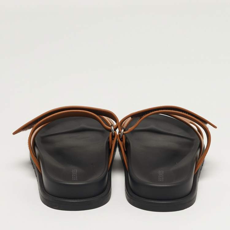 Pre Owned Hermes Chypre Size 39.5 Brown Leather Flat Sandals
