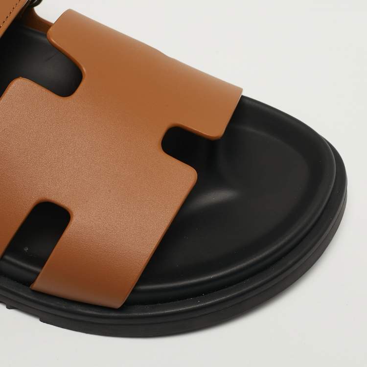 Pre Owned Hermes Chypre Size 39.5 Brown Leather Flat Sandals