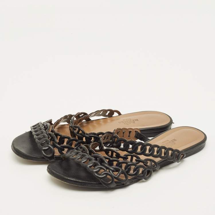 مملوكة مسبقًا Hermes D'ancre Chaine Size 35.5 Black Leather Flat Slide