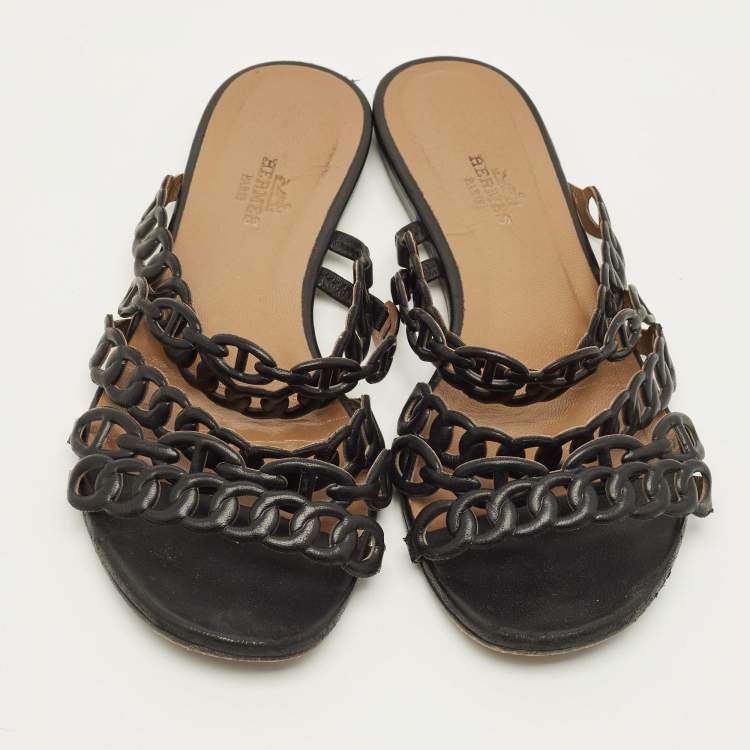 مملوكة مسبقًا Hermes D'ancre Chaine Size 35.5 Black Leather Flat Slide