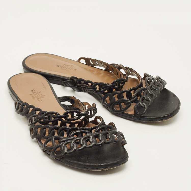 مملوكة مسبقًا Hermes D'ancre Chaine Size 35.5 Black Leather Flat Slide