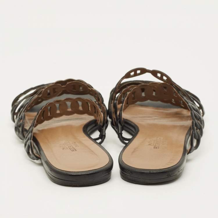 مملوكة مسبقًا Hermes D'ancre Chaine Size 35.5 Black Leather Flat Slide