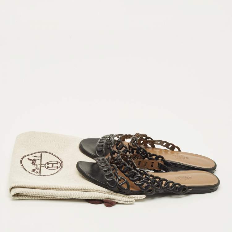 مملوكة مسبقًا Hermes D'ancre Chaine Size 35.5 Black Leather Flat Slide