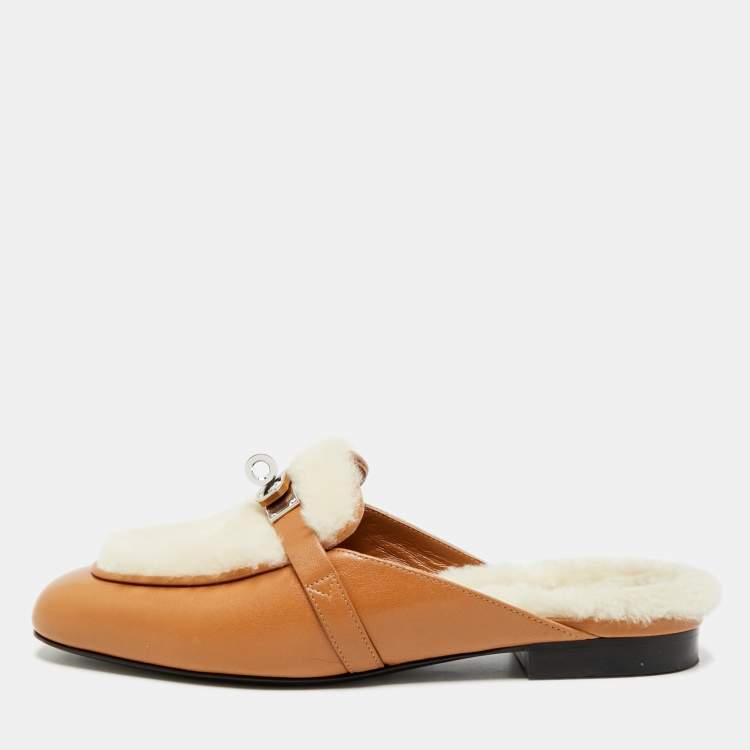 Pre Owned Hermes Oz Size 36 Brown Fur and Leather Mules