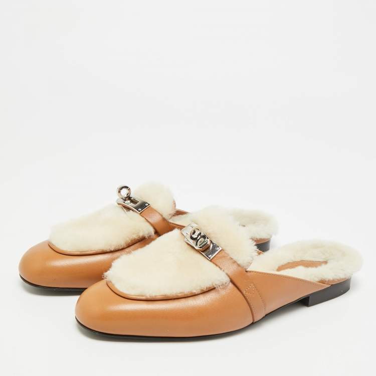 Pre Owned Hermes Oz Size 36 Brown Fur and Leather Mules