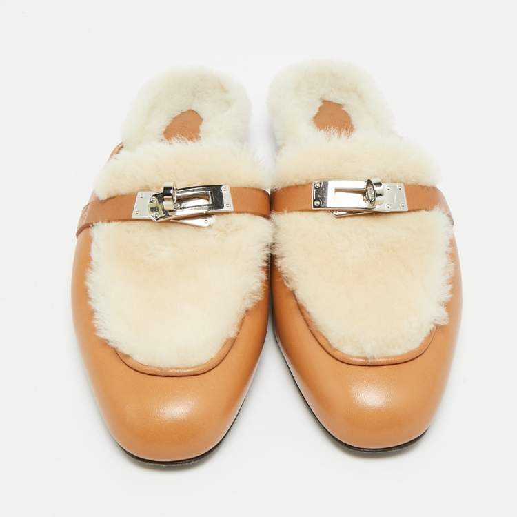 Pre Owned Hermes Oz Size 36 Brown Fur and Leather Mules