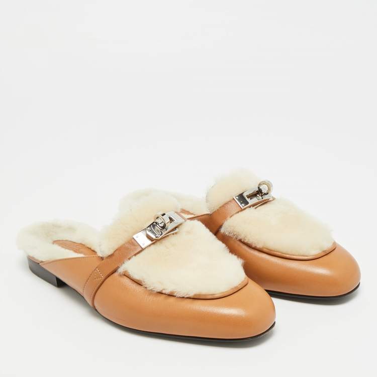 Pre Owned Hermes Oz Size 36 Brown Fur and Leather Mules