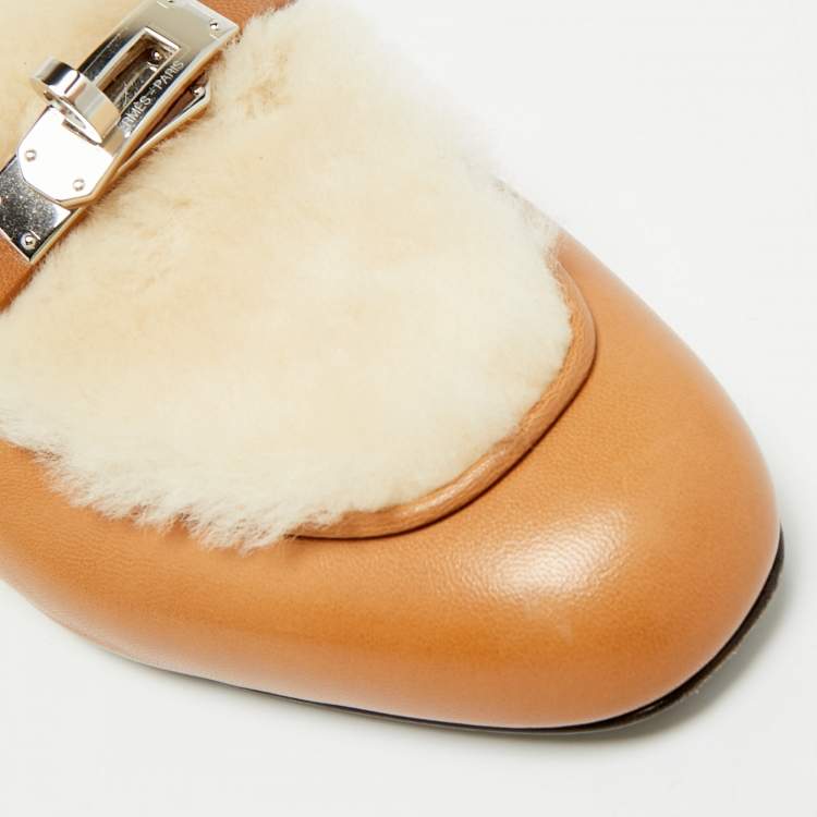 Pre Owned Hermes Oz Size 36 Brown Fur and Leather Mules