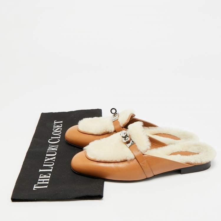 Pre Owned Hermes Oz Size 36 Brown Fur and Leather Mules