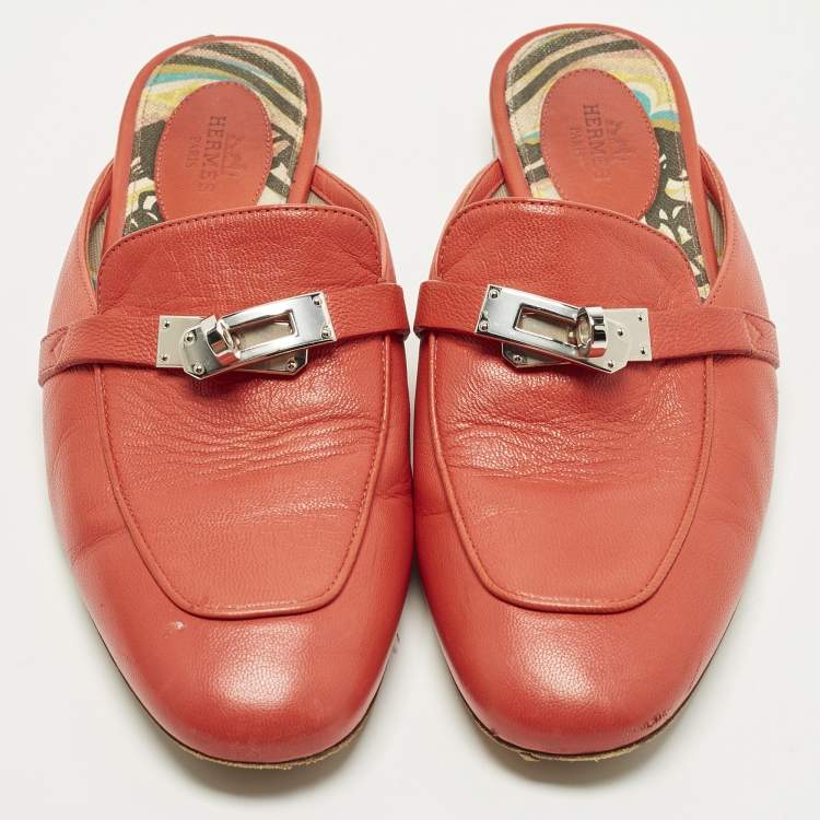 Pre Owned Hermes Oz Size 36.5 Red Leather Flat Mules