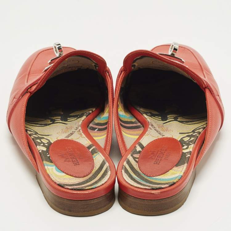 Pre Owned Hermes Oz Size 36.5 Red Leather Flat Mules