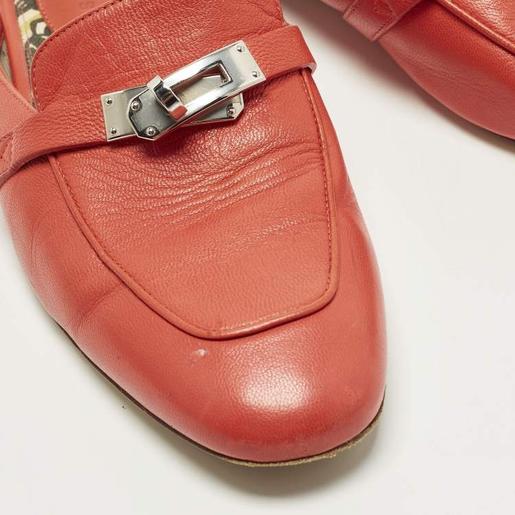 Pre Owned Hermes Oz Size 36.5 Red Leather Flat Mules