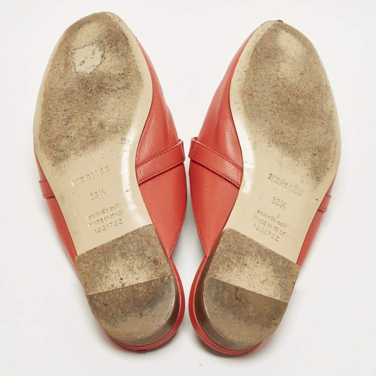 Pre Owned Hermes Oz Size 36.5 Red Leather Flat Mules