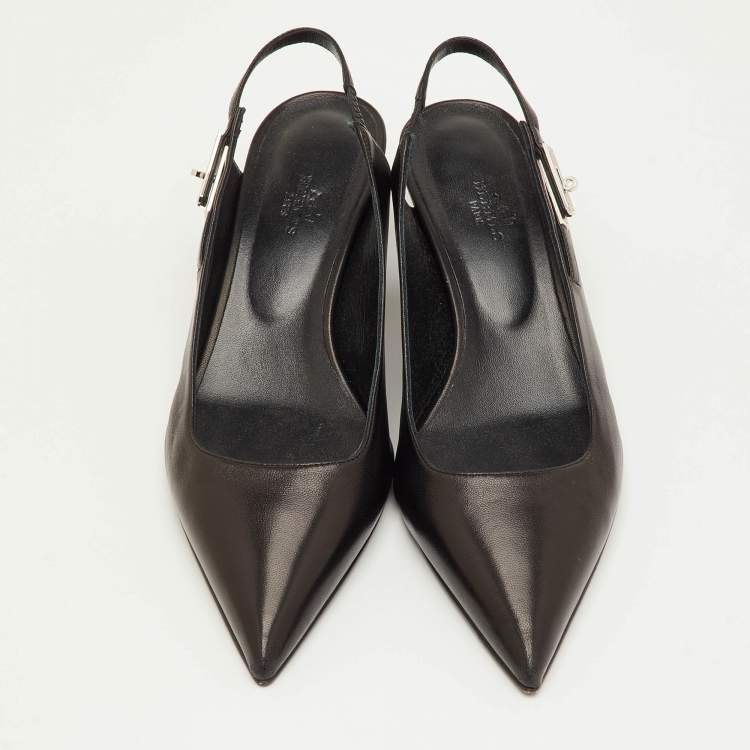 Pre Owned Hermes Lover Size 40 Black Leather Pointed Toe Slingback Pumps