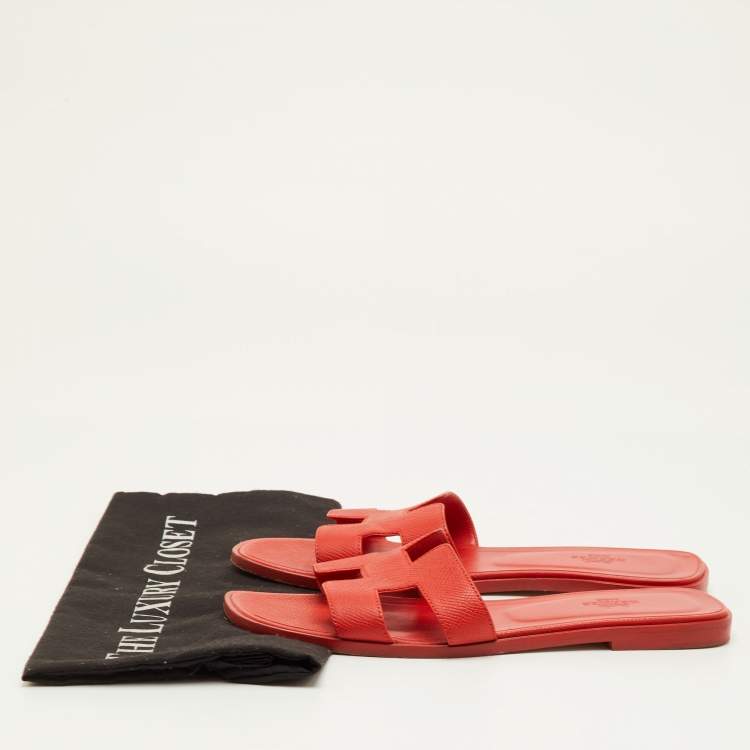 Pre Owned Hermes Oran Size 39 Orange Leather Flat Slide Sandals