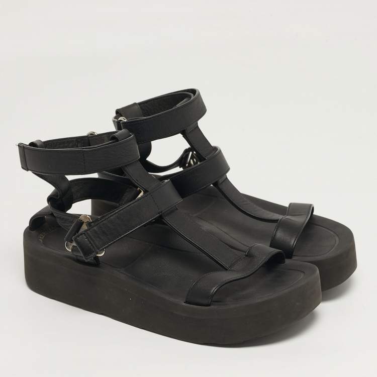 Pre Owned Hermes Enid Size 37 Black Leather Ankle Strap Sandals