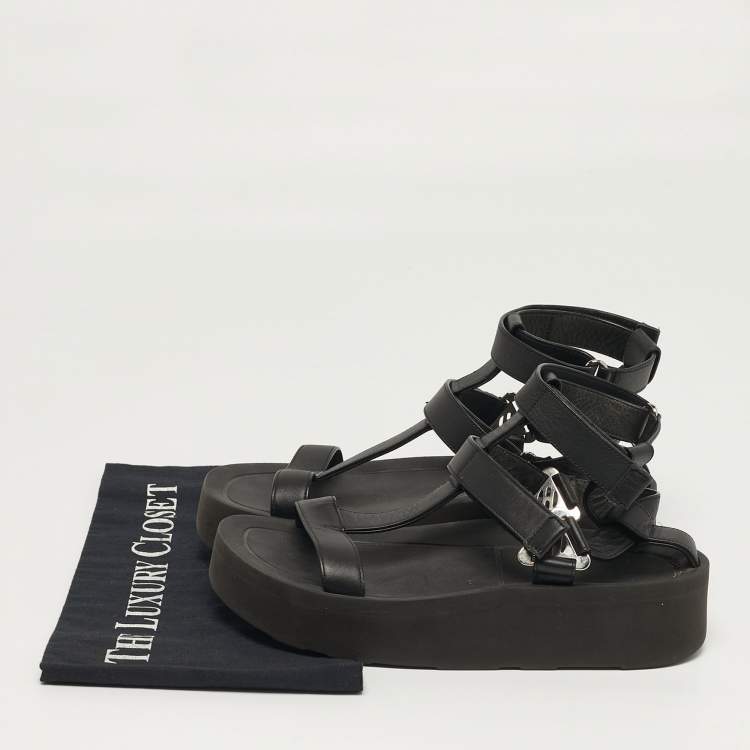 Pre Owned Hermes Enid Size 37 Black Leather Ankle Strap Sandals