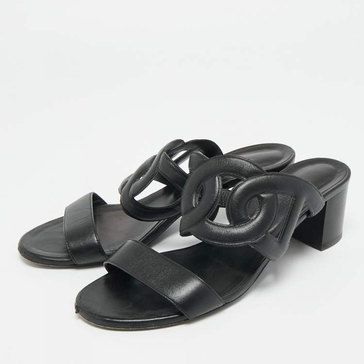 Pre Owned Hermes Bikini Size 38 Black Leather Slide Sandals