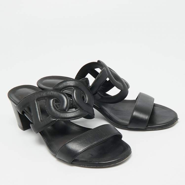 Pre Owned Hermes Bikini Size 38 Black Leather Slide Sandals