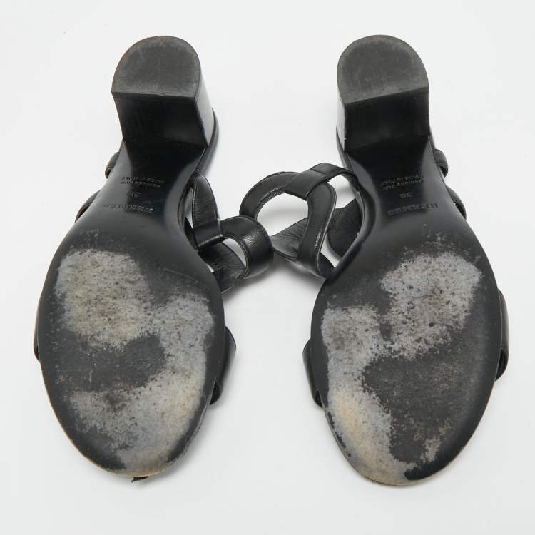 Pre Owned Hermes Bikini Size 38 Black Leather Slide Sandals