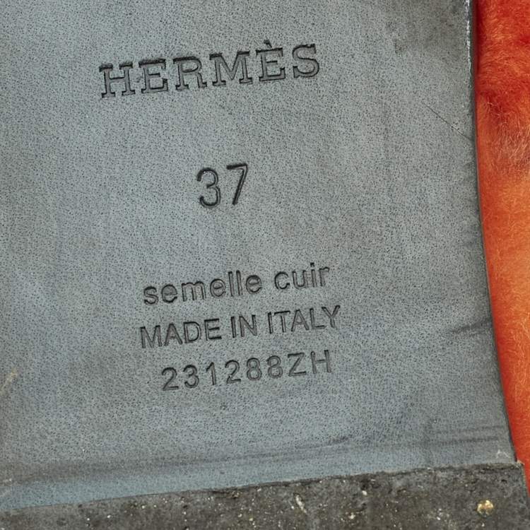 Pre Owned Hermes Oran Size 37 Orange Shearling Fur Flat Slides