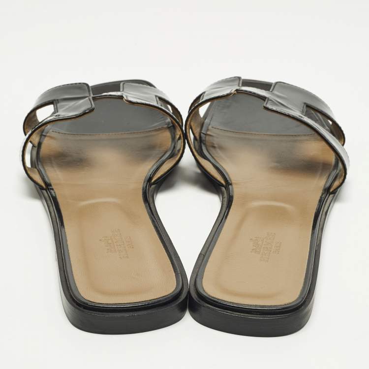 Pre Owned Hermes Oran Size 41 Black Patent Leather Flat Slides