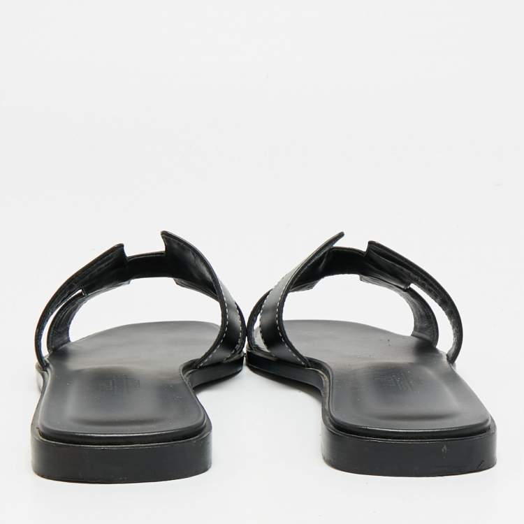 Pre Owned Hermes Oran Size 37 Black Leather Flat Slides