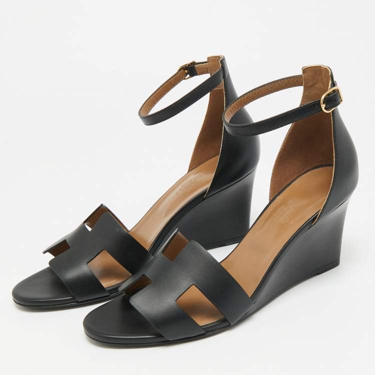 Pre Owned Hermès Legend Size 39.5 Black Leather Ankle Strap Wedge Sandals