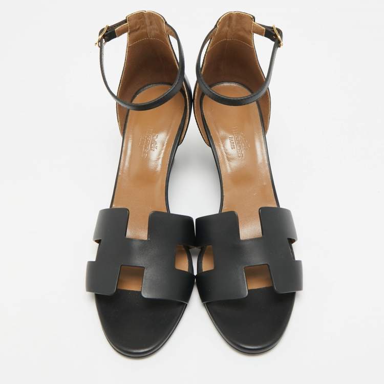 Pre Owned Hermès Legend Size 39.5 Black Leather Ankle Strap Wedge Sandals