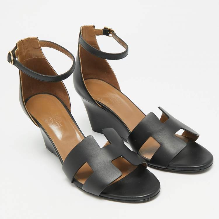 Pre Owned Hermès Legend Size 39.5 Black Leather Ankle Strap Wedge Sandals
