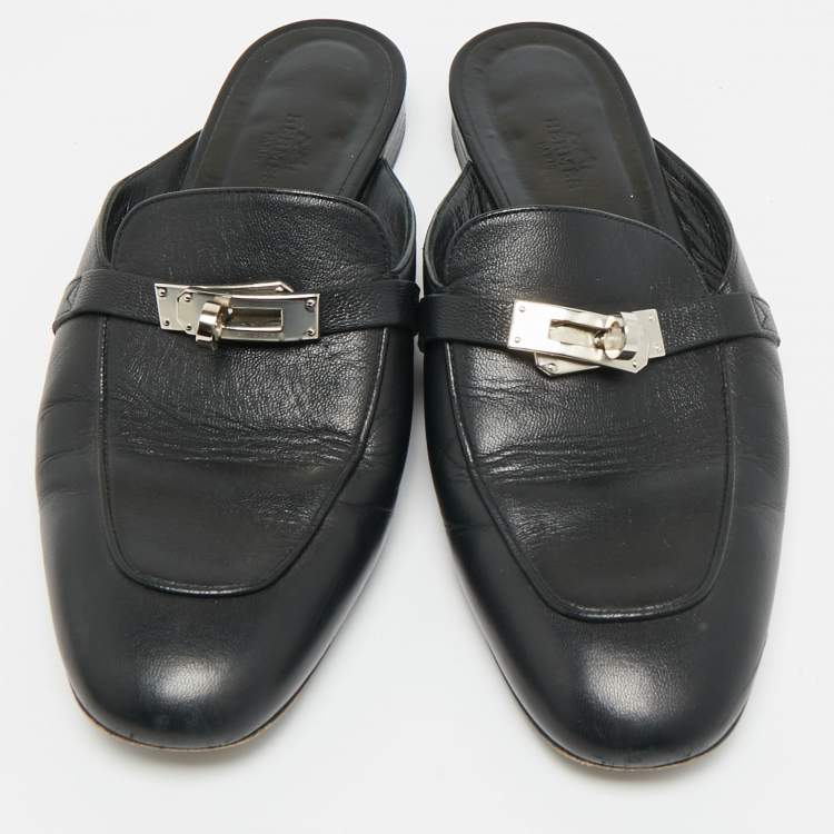 Pre Owned Hermes Oz Size 39 Black Leather Flat Mules