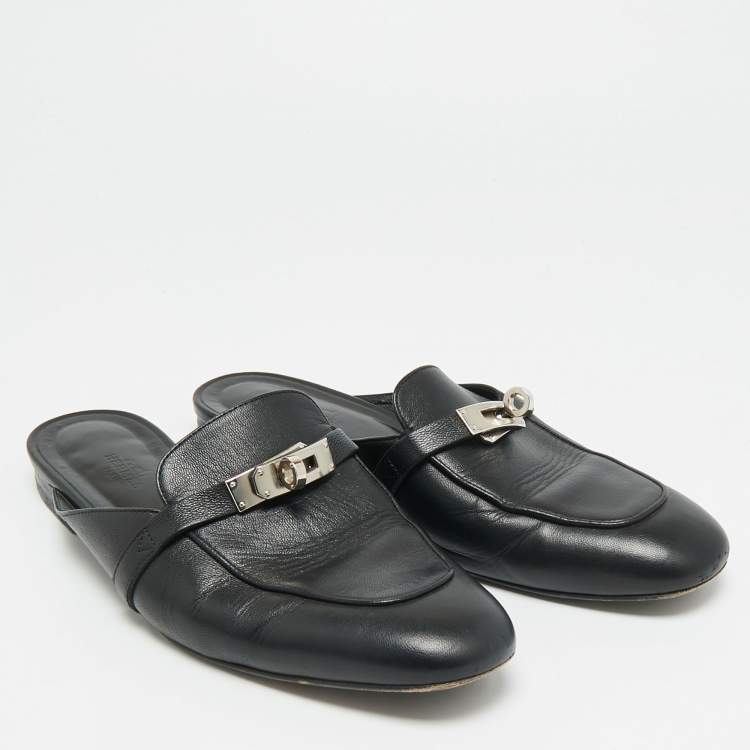 Pre Owned Hermes Oz Size 39 Black Leather Flat Mules
