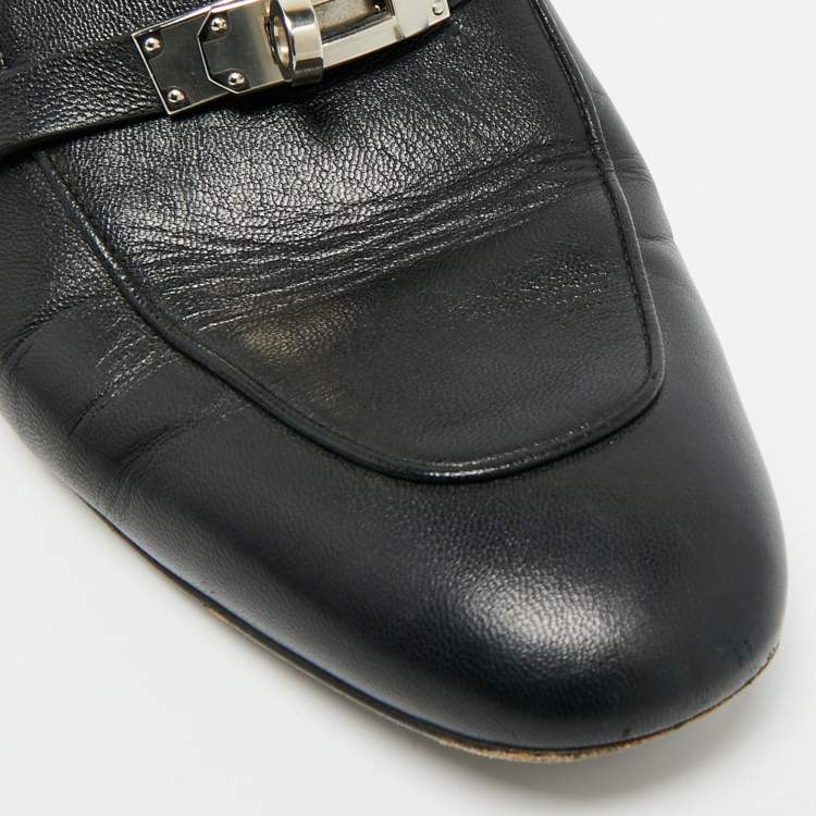 Pre Owned Hermes Oz Size 39 Black Leather Flat Mules