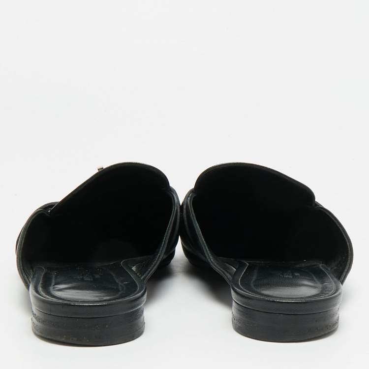 Pre Owned Hermes Oz Size 39 Black Leather Flat Mules