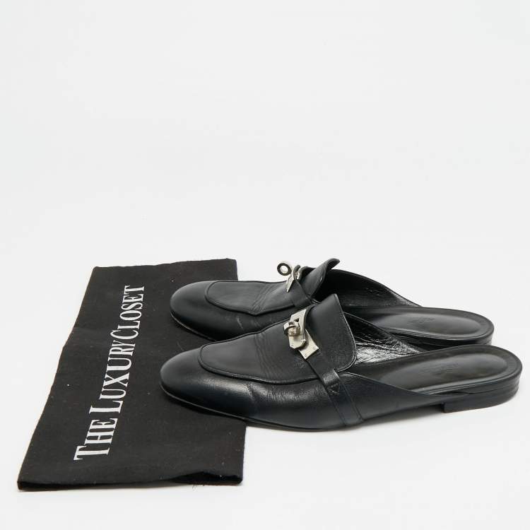 Pre Owned Hermes Oz Size 39 Black Leather Flat Mules