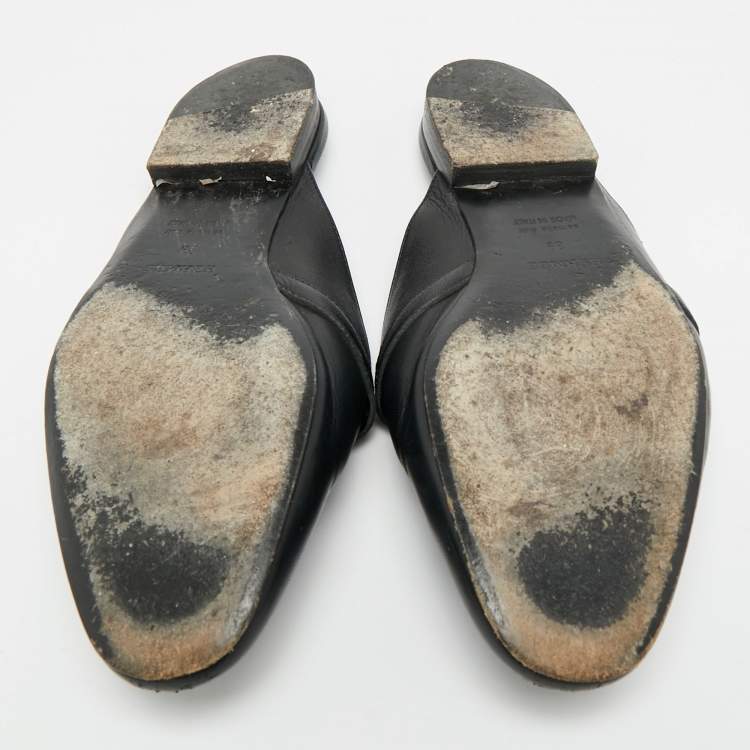 Pre Owned Hermes Oz Size 39 Black Leather Flat Mules