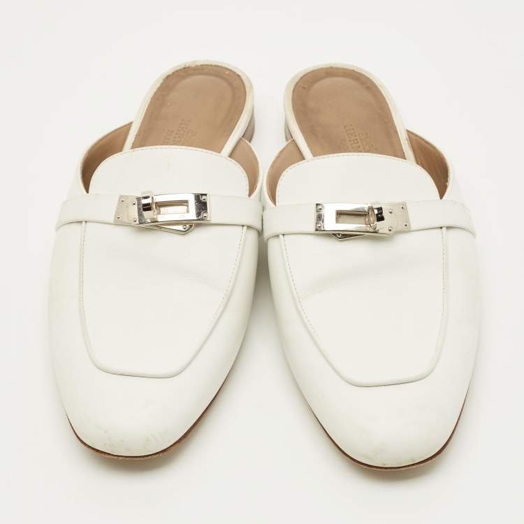 Pre Owned Hermes Oz Size 38 White Leather Flat Mules
