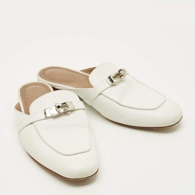 Pre Owned Hermes Oz Size 38 White Leather Flat Mules