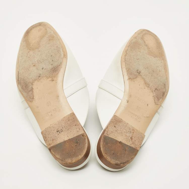 Pre Owned Hermes Oz Size 38 White Leather Flat Mules