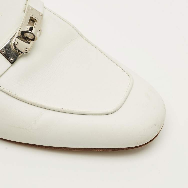 Pre Owned Hermes Oz Size 38 White Leather Flat Mules